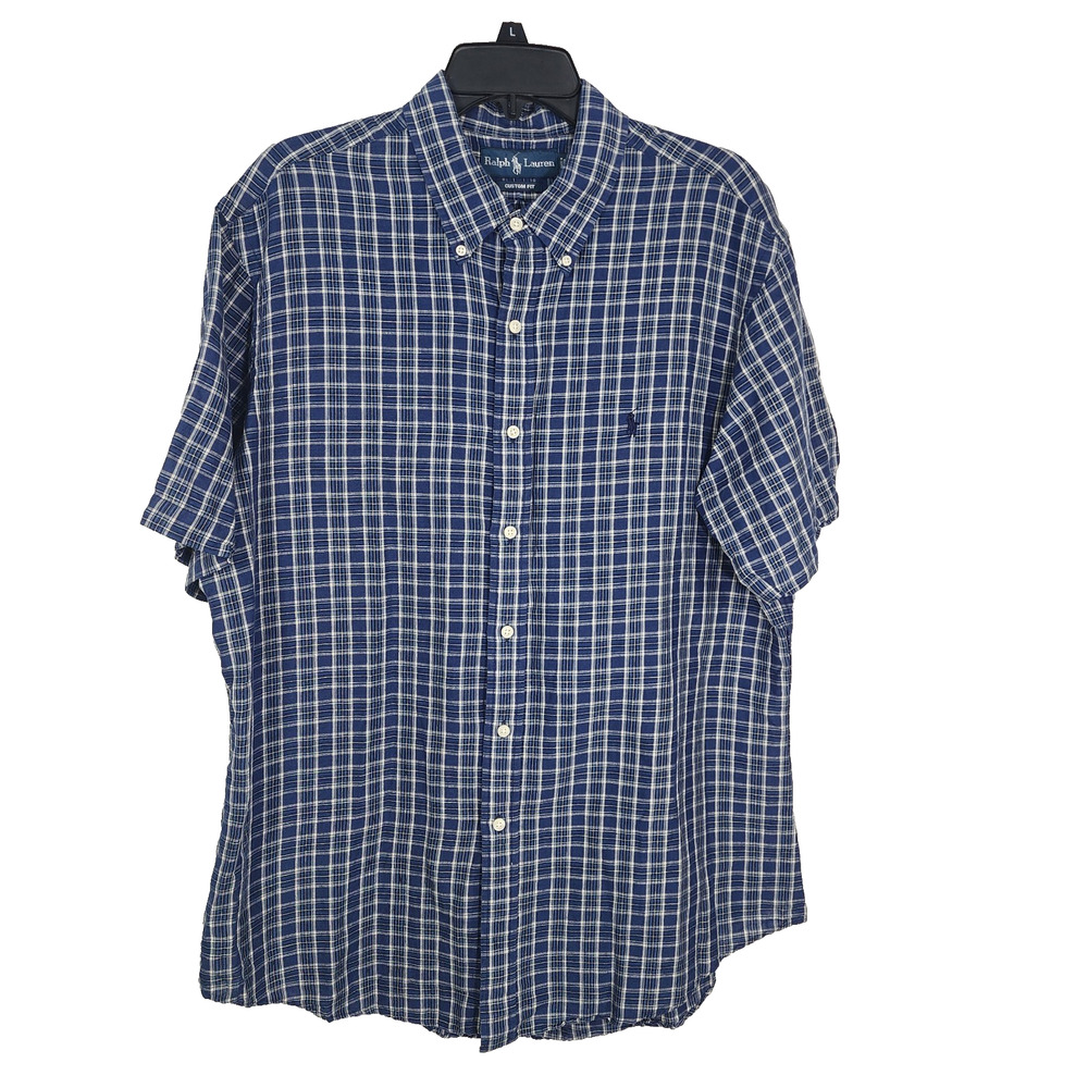 Ralph Lauren Mens Custom Fit Shirt XL Blue Plaid Linen Blend Short Sleeve Button